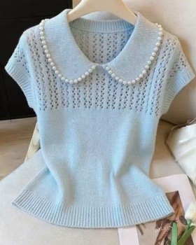 Doll collar summer pearl slim temperament tops for women