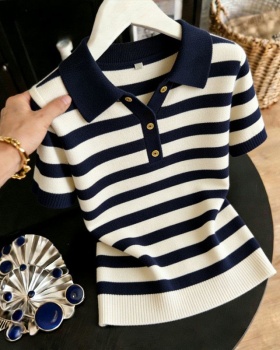 Knitted summer tops stripe Cover belly T-shirt for women