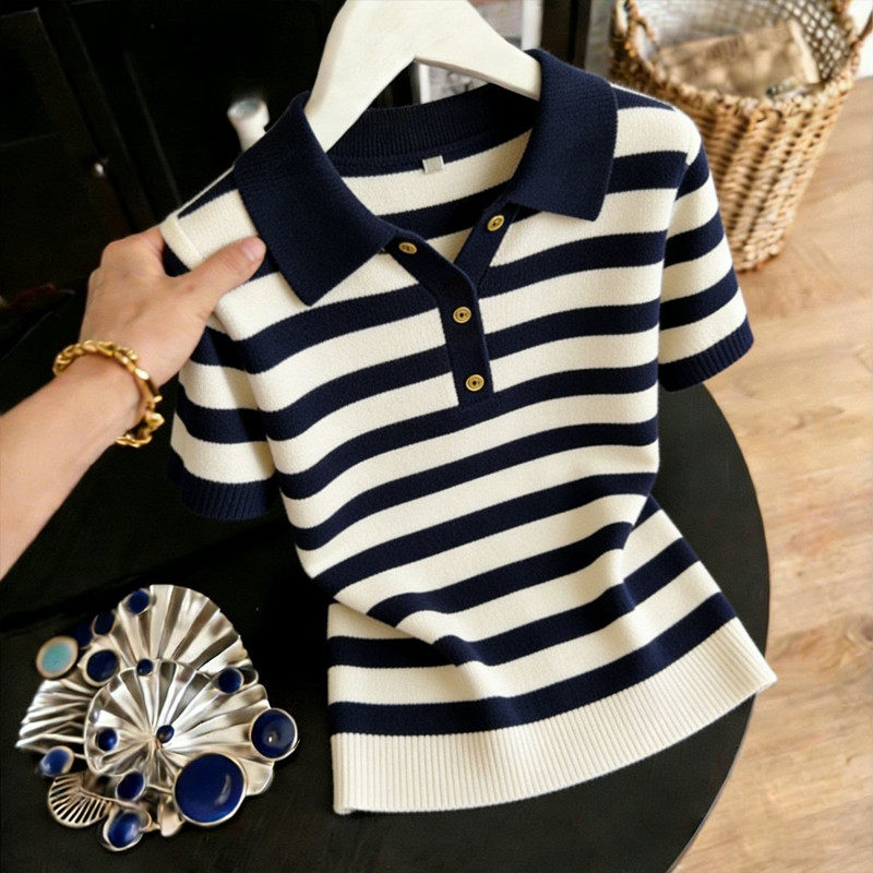 Knitted summer tops stripe Cover belly T-shirt for women