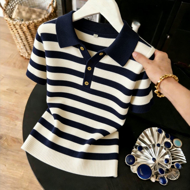 Knitted summer tops stripe Cover belly T-shirt for women