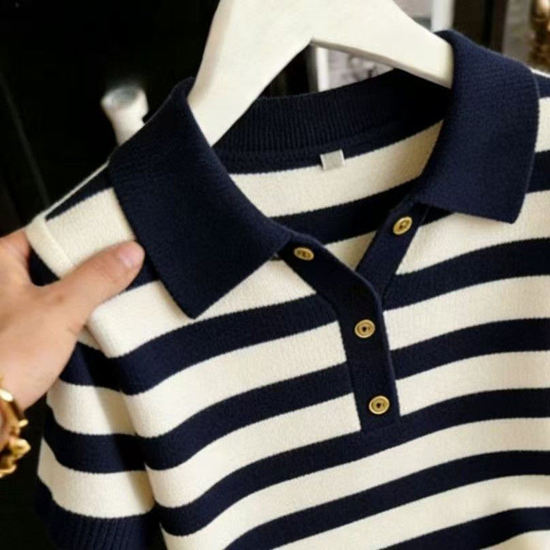 Knitted summer tops stripe Cover belly T-shirt for women