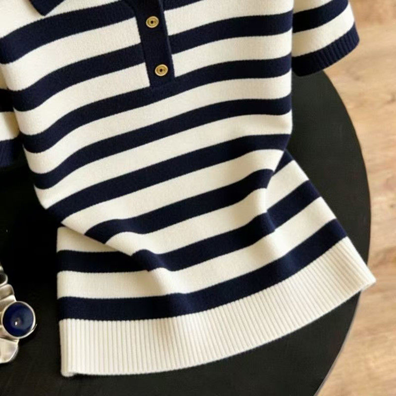 Knitted summer tops stripe Cover belly T-shirt for women