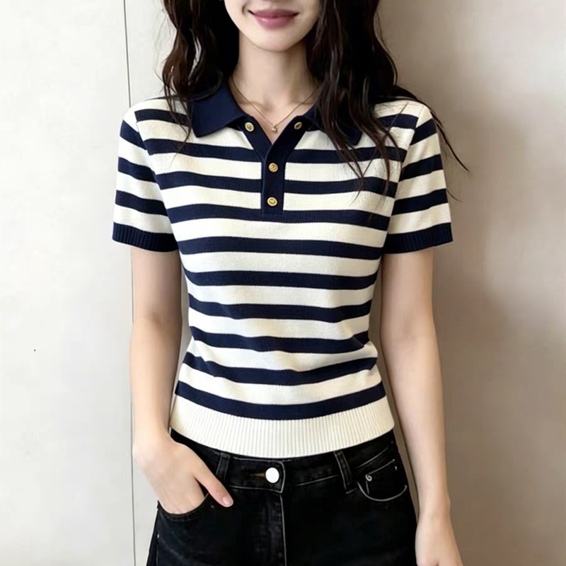 Knitted summer tops stripe Cover belly T-shirt for women