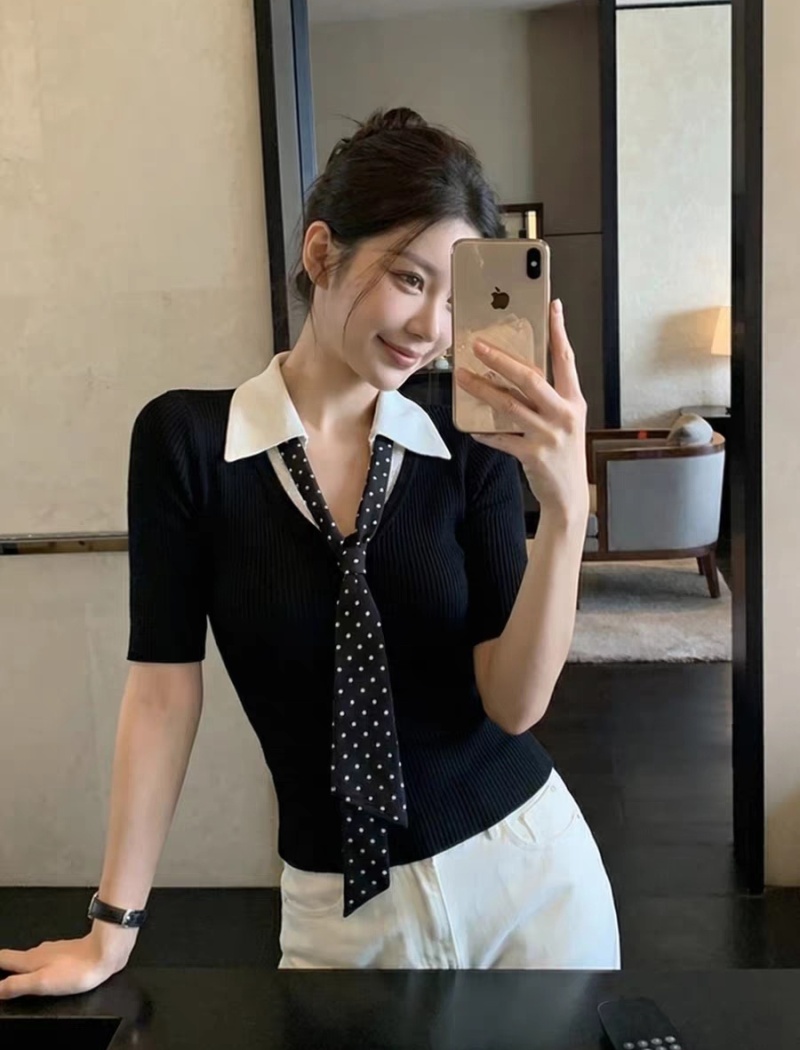 Lapel knitted tops slim shirts for women