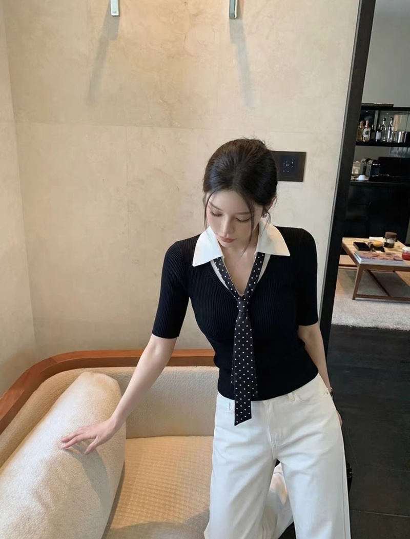 Lapel knitted tops slim shirts for women
