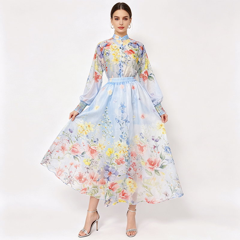 Lantern sleeve beautiful skirt high waist shirt 2pcs set
