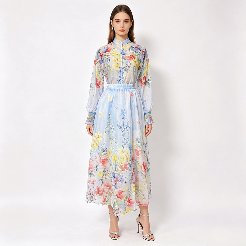 Lantern sleeve beautiful skirt high waist shirt 2pcs set