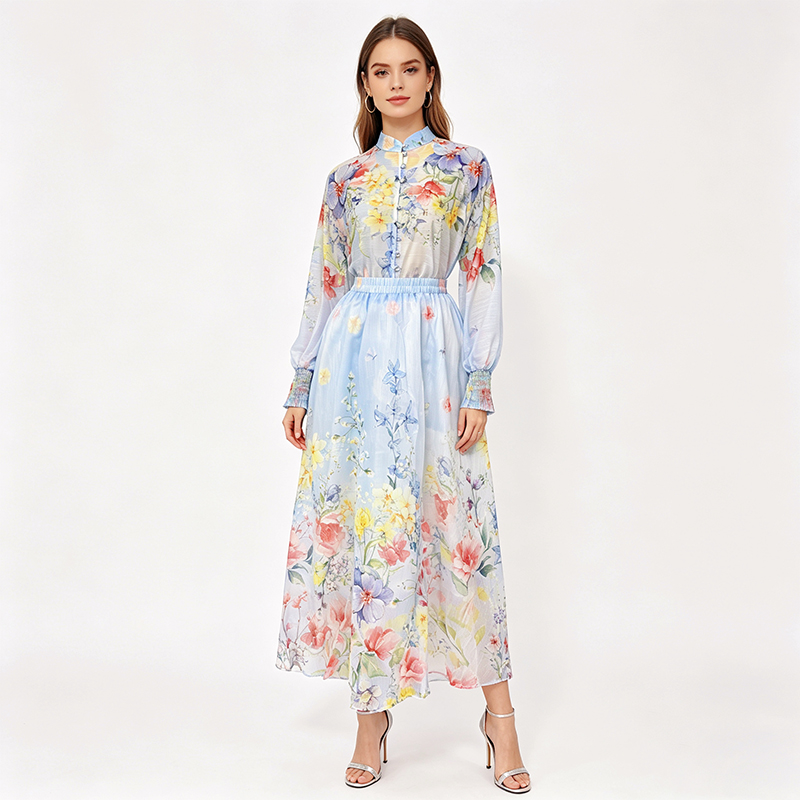 Lantern sleeve beautiful skirt high waist shirt 2pcs set