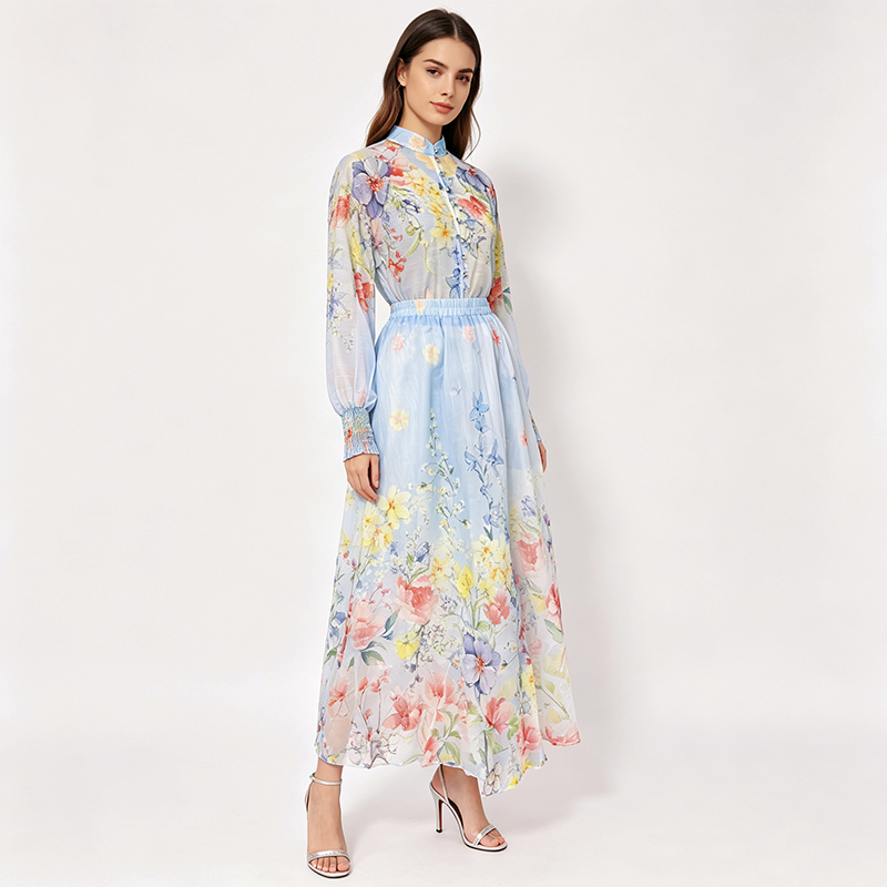 Lantern sleeve beautiful skirt high waist shirt 2pcs set