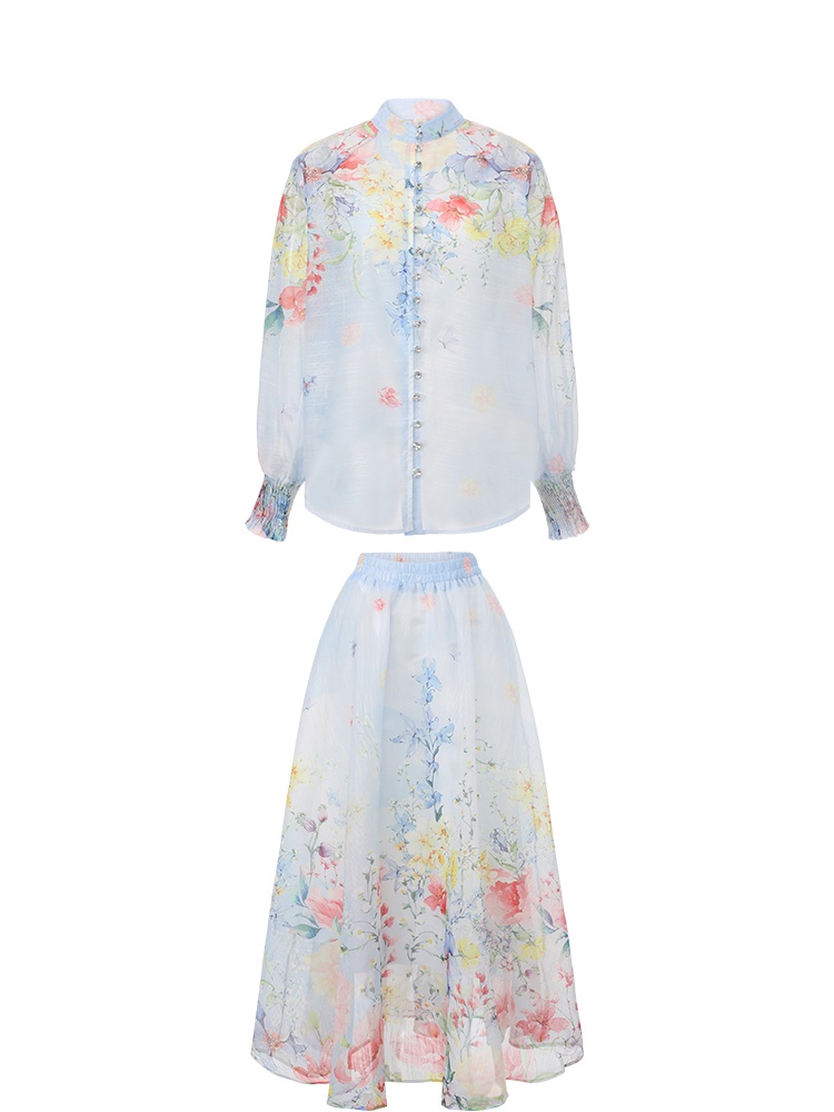 Lantern sleeve beautiful skirt high waist shirt 2pcs set