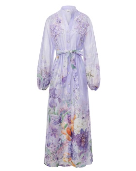 Pinched waist big skirt stereoscopic beading flowers dress