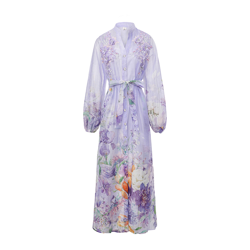 Pinched waist big skirt stereoscopic beading flowers dress