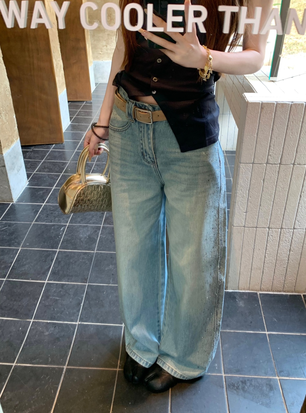 Loose light-blue long pants mopping jeans for women
