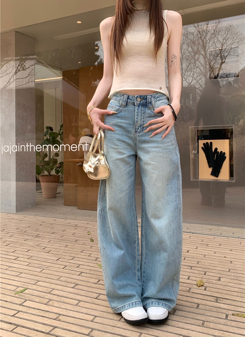 Loose light-blue long pants mopping jeans for women