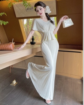 High waist V-neck tops drape skirt 2pcs set for women