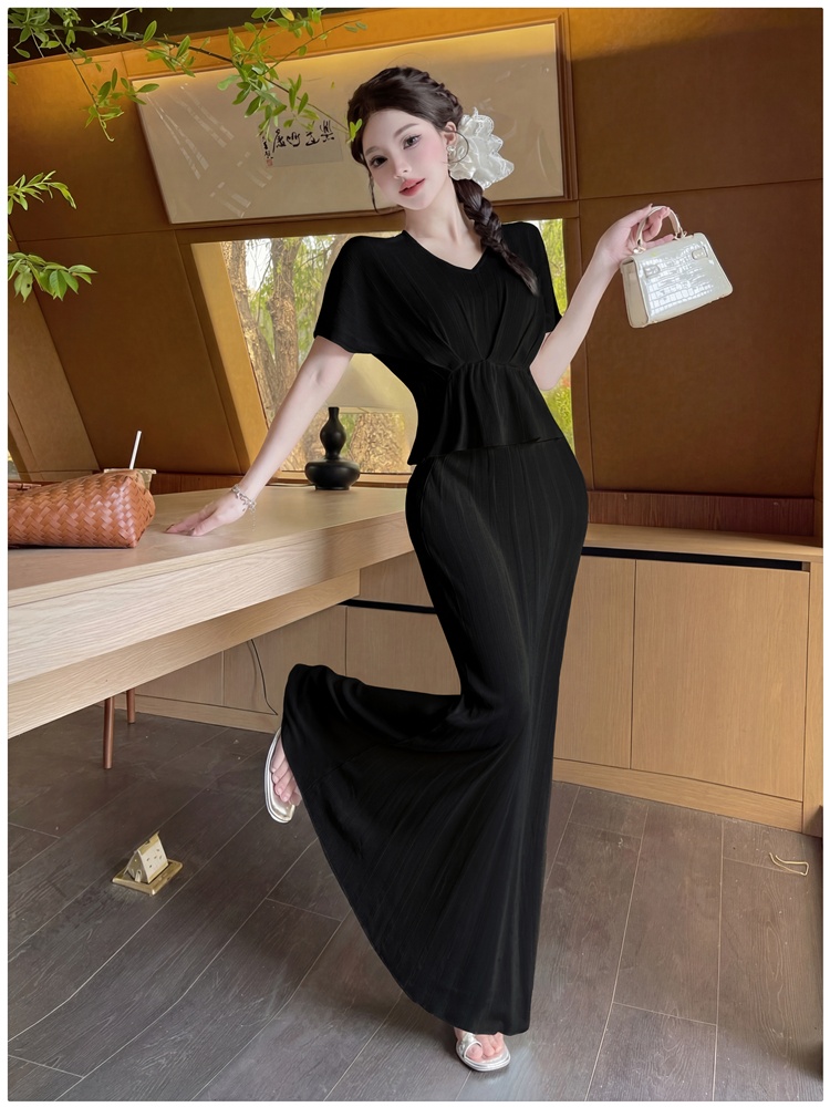 High waist V-neck tops drape skirt 2pcs set for women