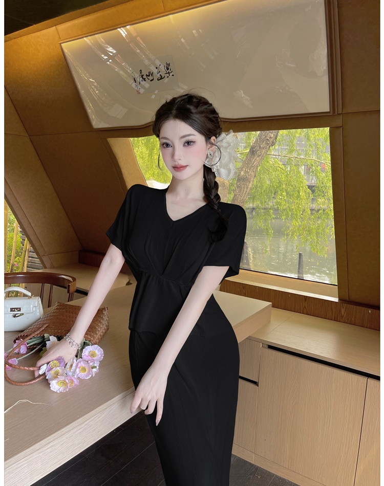 High waist V-neck tops drape skirt 2pcs set for women