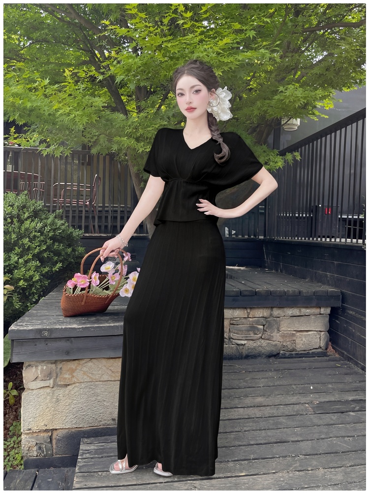 High waist V-neck tops drape skirt 2pcs set for women