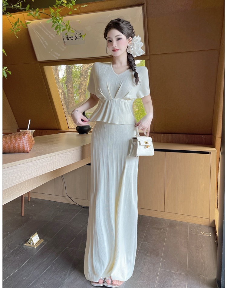 High waist V-neck tops drape skirt 2pcs set for women