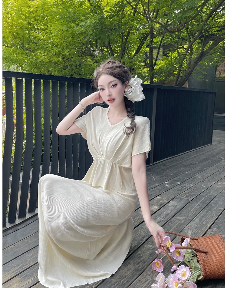 High waist V-neck tops drape skirt 2pcs set for women