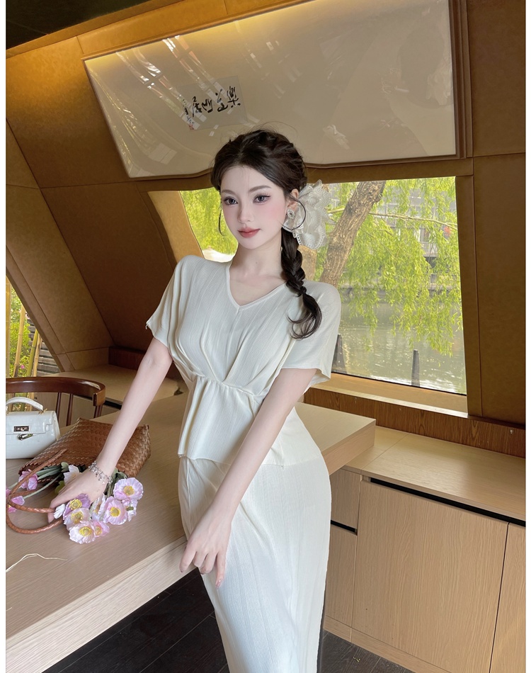High waist V-neck tops drape skirt 2pcs set for women