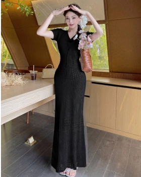 Slim sweater hollow long skirt 2pcs set