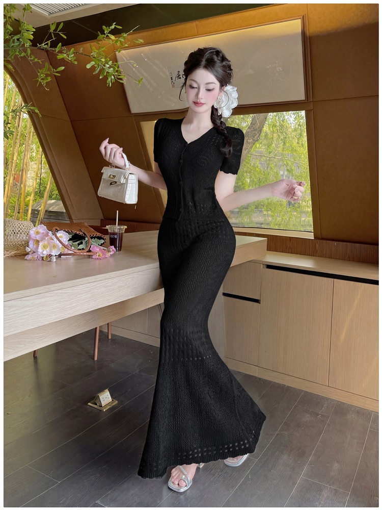 Slim sweater hollow long skirt 2pcs set