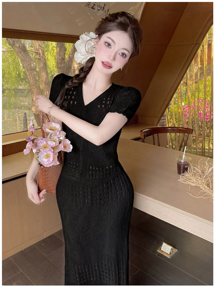 Slim sweater hollow long skirt 2pcs set