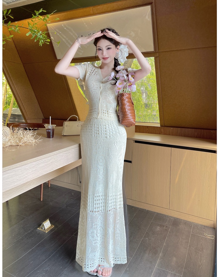 Slim sweater hollow long skirt 2pcs set