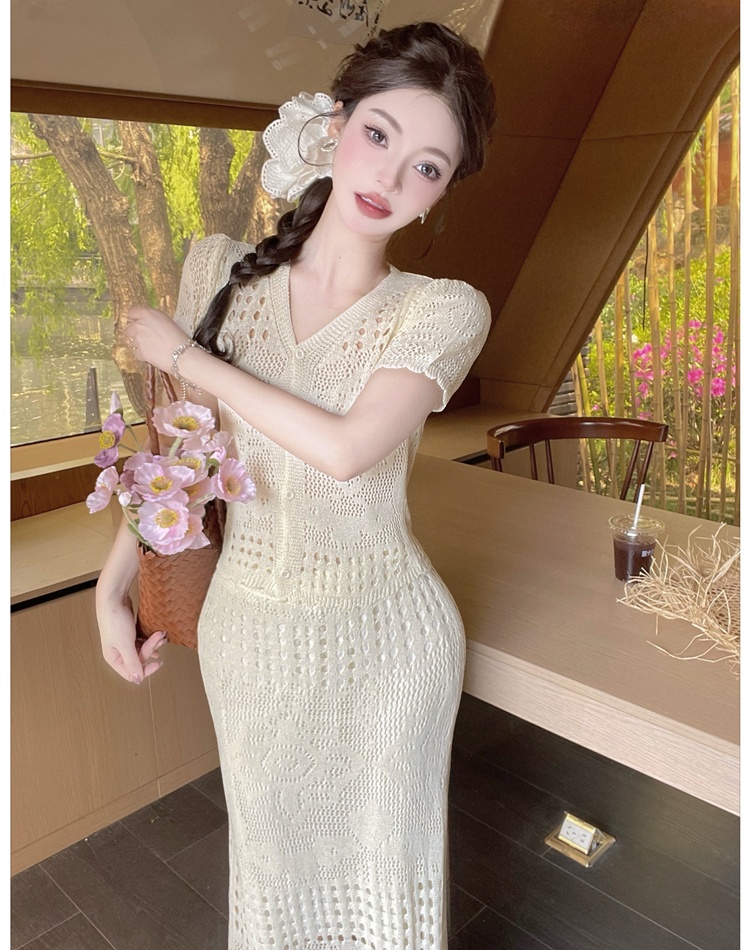 Slim sweater hollow long skirt 2pcs set