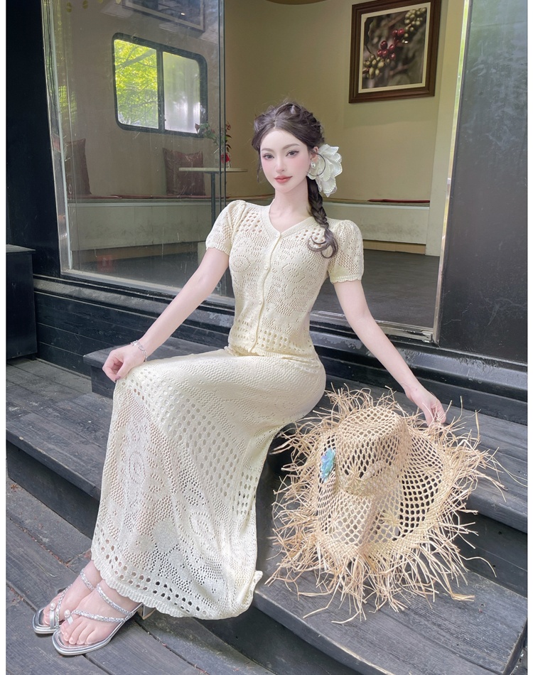 Slim sweater hollow long skirt 2pcs set