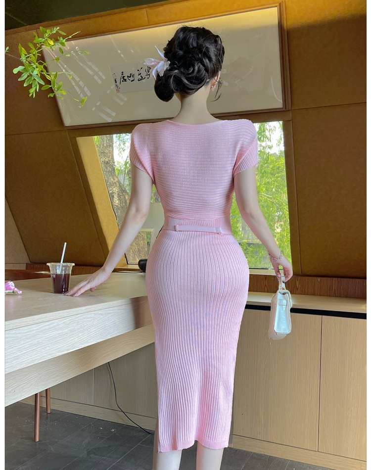 Long Korean style package hip knitted dress for women