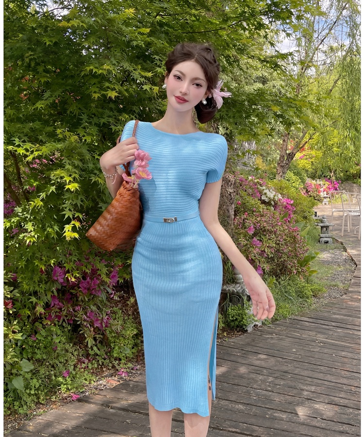 Long Korean style package hip knitted dress for women