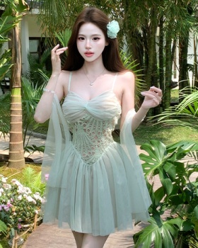 Vacation summer dress splice France style T-back for women