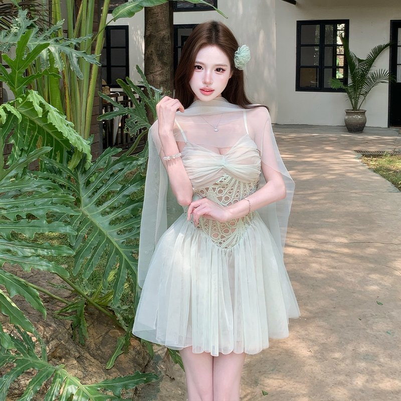 Vacation summer dress splice France style T-back for women