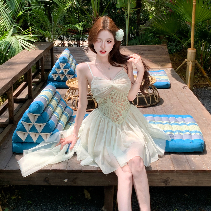 Vacation summer dress splice France style T-back for women
