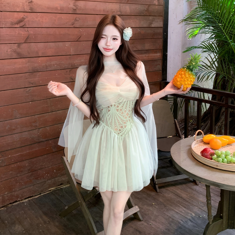 Vacation summer dress splice France style T-back for women