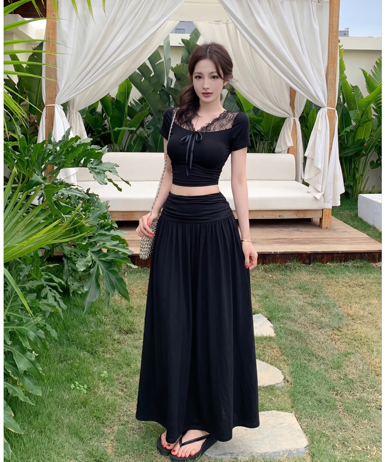 A-line lace skirt Korean style tops 2pcs set for women