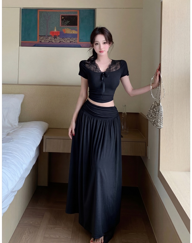 A-line lace skirt Korean style tops 2pcs set for women