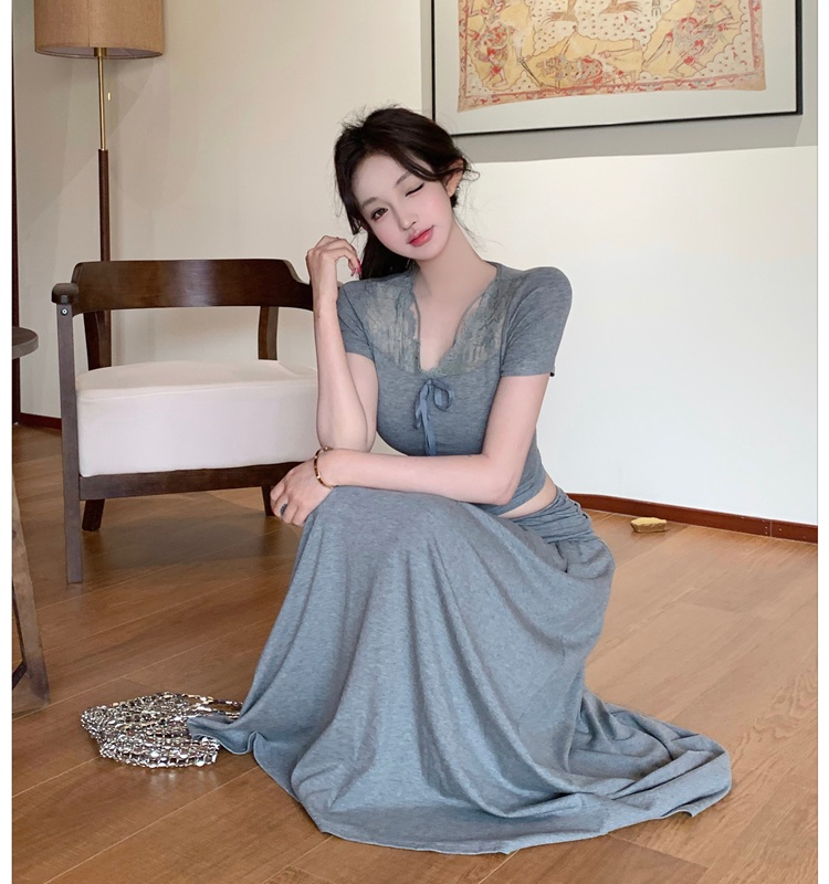 A-line lace skirt Korean style tops 2pcs set for women