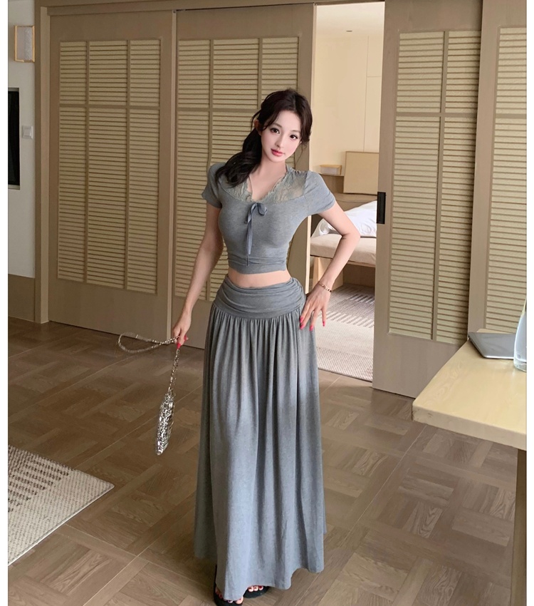 A-line lace skirt Korean style tops 2pcs set for women