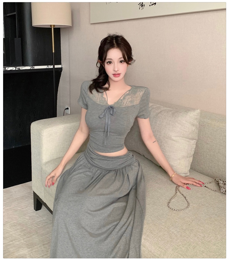 A-line lace skirt Korean style tops 2pcs set for women