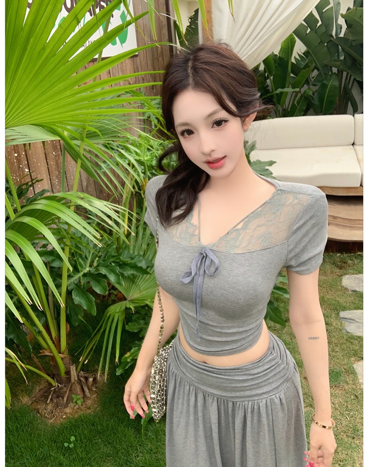 A-line lace skirt Korean style tops 2pcs set for women