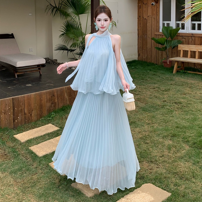 Sleeveless summer vest A-line skirt 2pcs set for women
