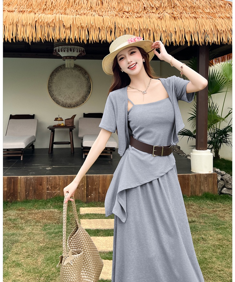 Wrapped chest skirt sling cardigan a set for women