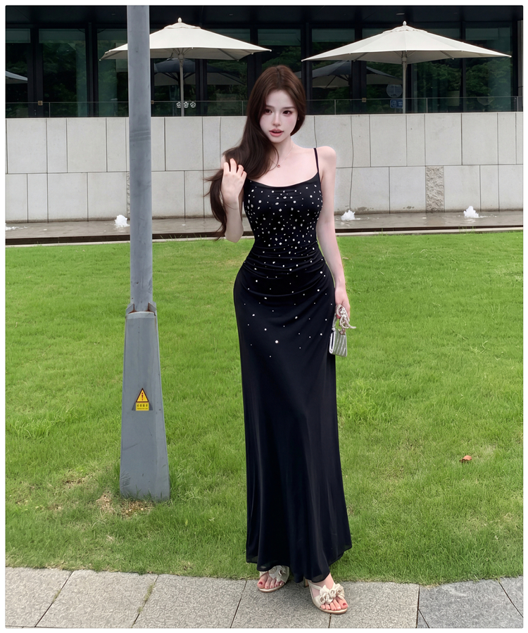 Retro temperament dress rhinestone summer long dress