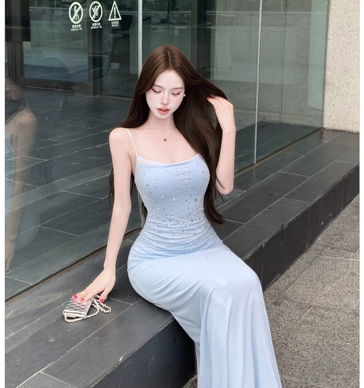 Retro temperament dress rhinestone summer long dress