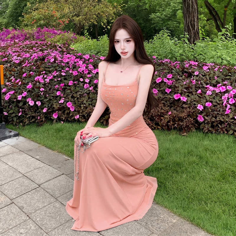 Retro temperament dress rhinestone summer long dress