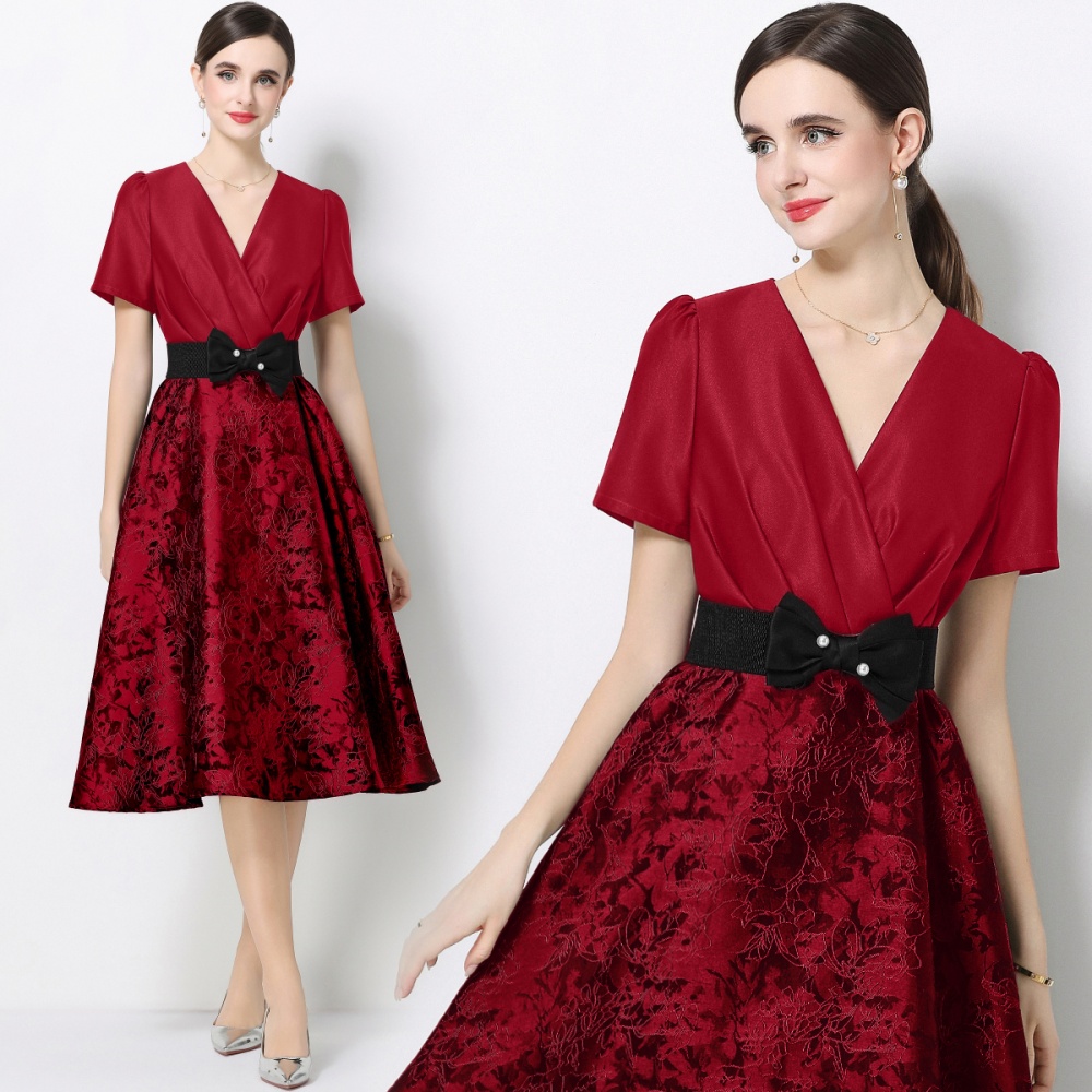 Jacquard pinched waist formal dress elegant dress