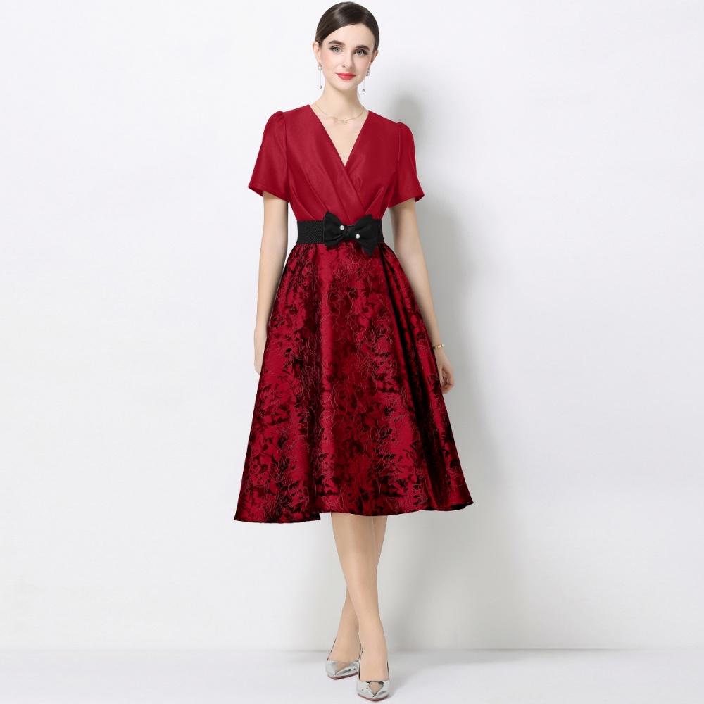 Jacquard pinched waist formal dress elegant dress